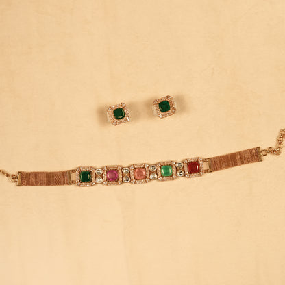 Aanura Green Square-Cut Stone Choker Necklace Set