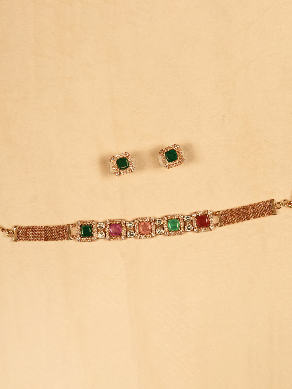 Aanura Green Square-Cut Stone Choker Necklace Set