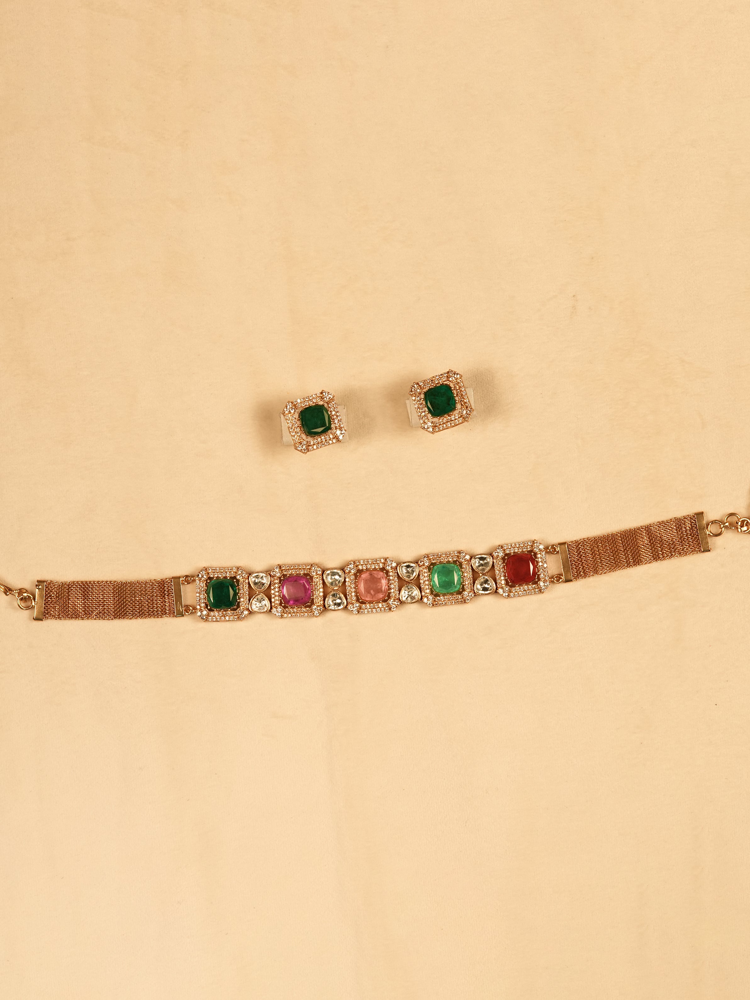 Aanura Green Square-Cut Stone Choker Necklace Set
