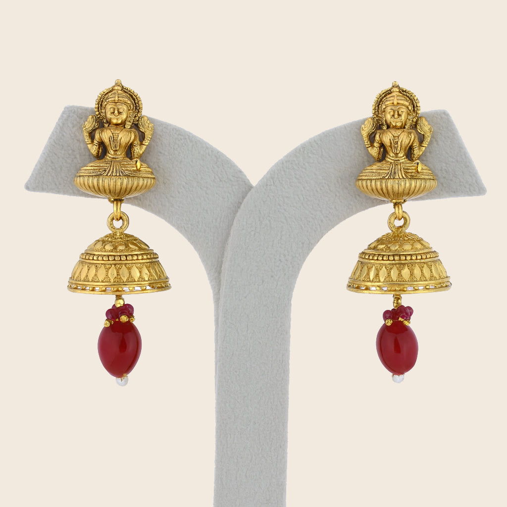 Aanura Temple Earrings with Red Stone Drop