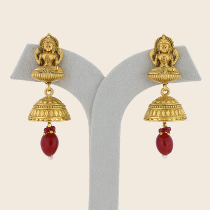 Aanura Temple Earrings with Red Stone Drop