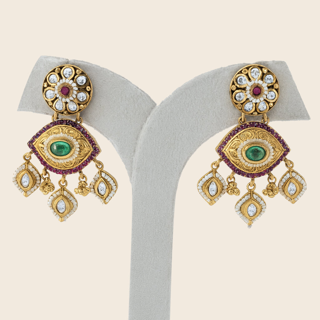 Aanura Gold-Plated Green Ruby Floral Drop Earrings