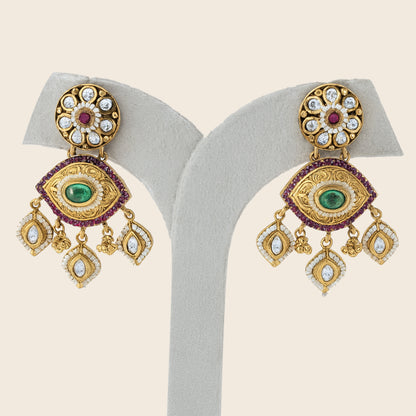 Aanura Gold-Plated Green Ruby Floral Drop Earrings