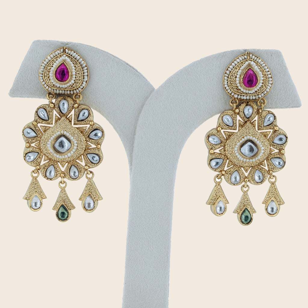 Aanura Gold Kundan Earrings with Red & Green Stones