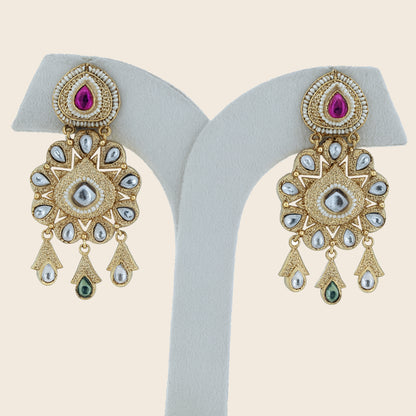 Aanura Gold Kundan Earrings with Red & Green Stones