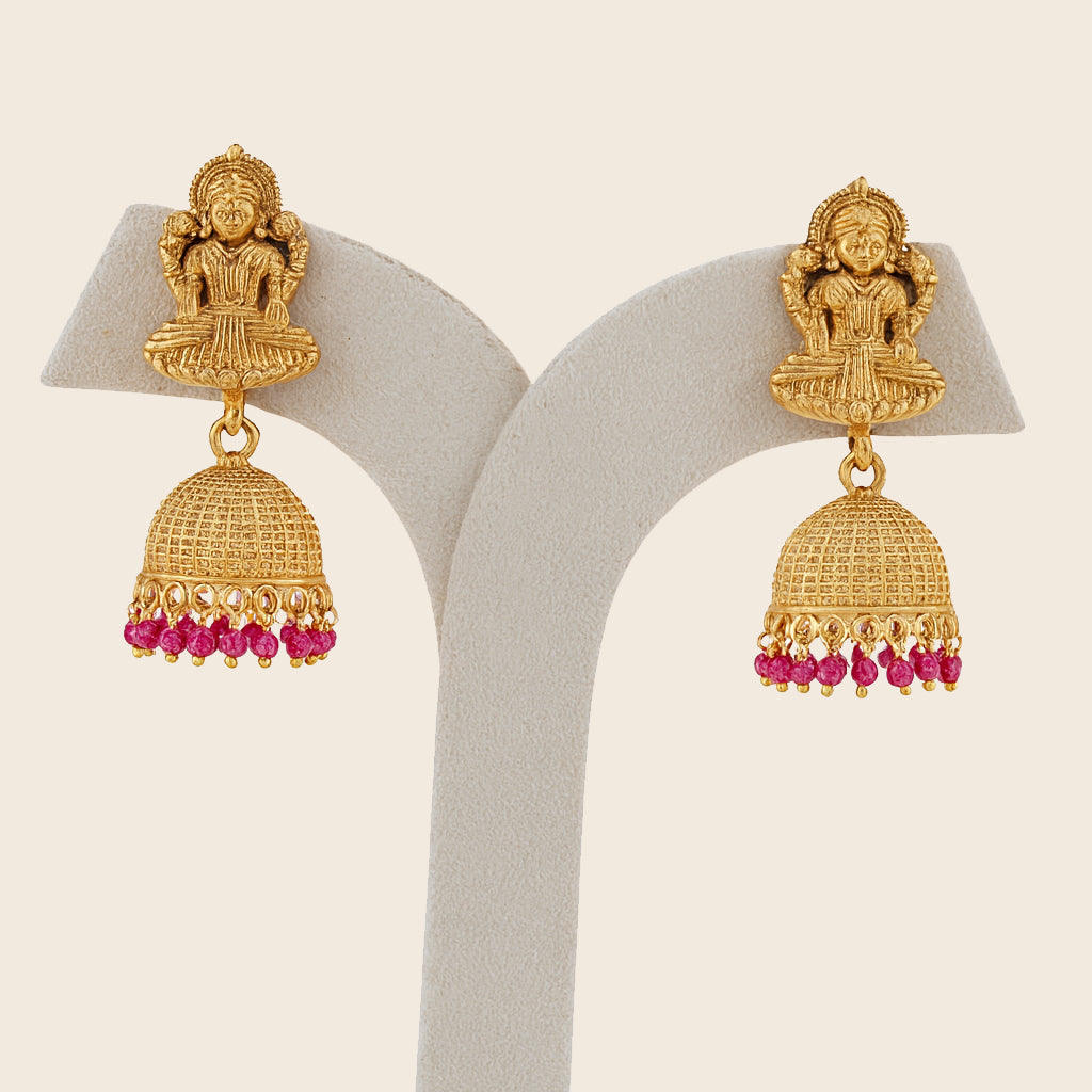 Aanura Temple Earrings with Red Stone Drop