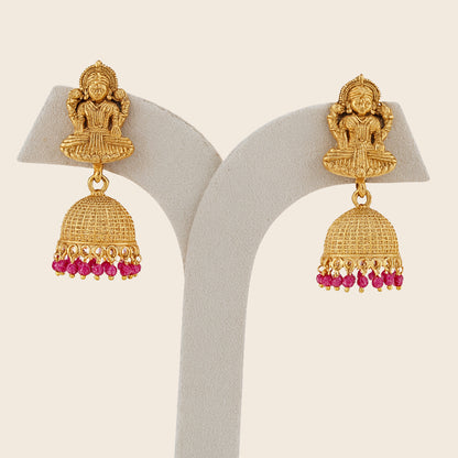 Aanura Temple Earrings with Red Stone Drop