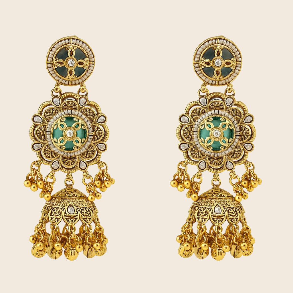 Aanura Green Enamel Antique Floral Earrings