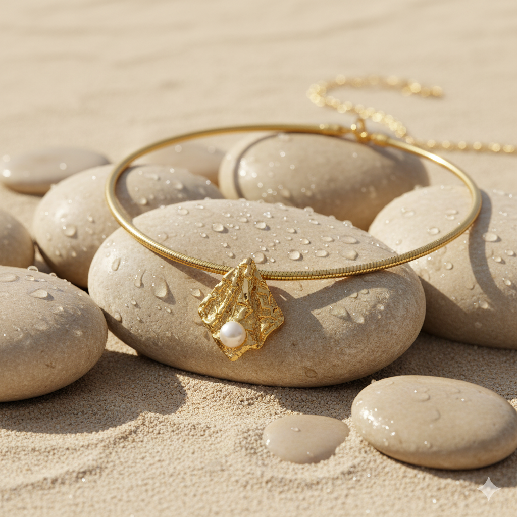 Aanura Gold Choker Necklace with Pearl Accent Charm