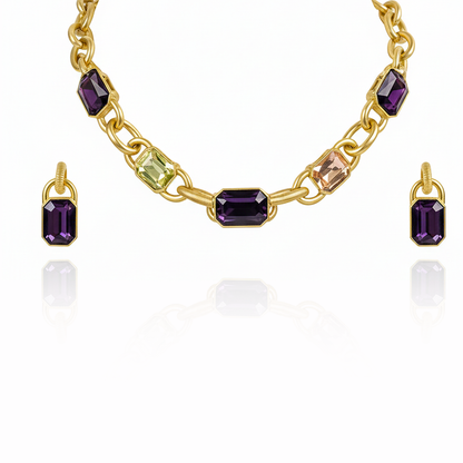 Aanura Gold Link Multicolor Crystal Necklace Set Stainless