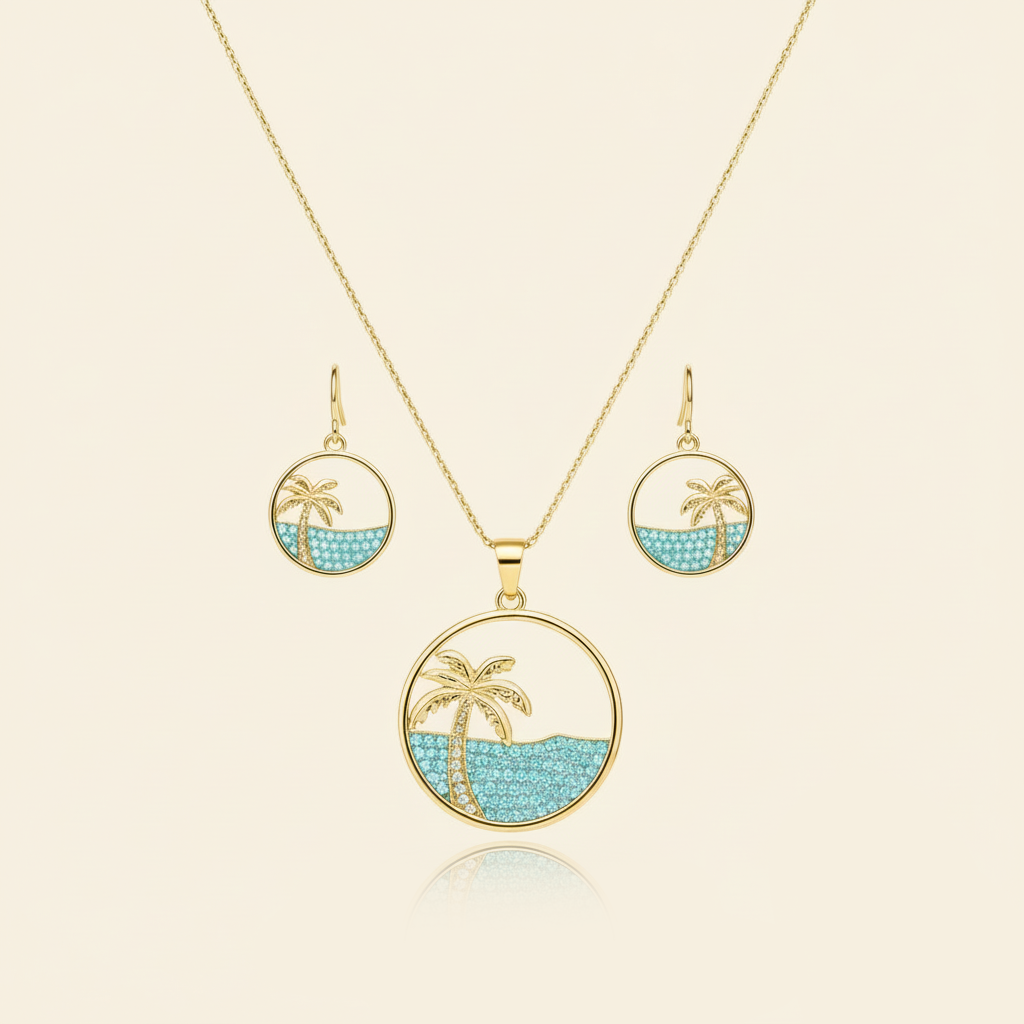 Aanura Palm Tree Ocean Necklace & Earrings Set