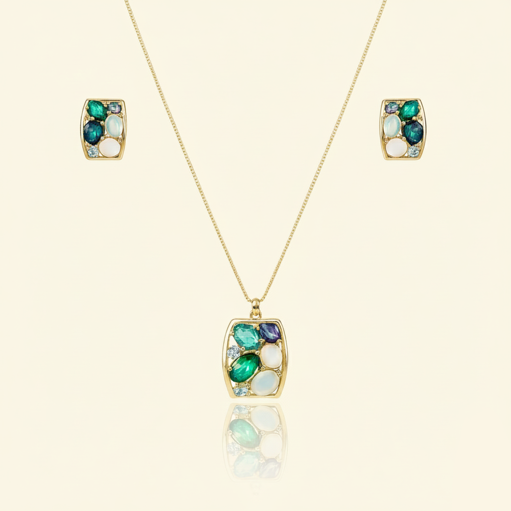 Aanura Pastel Green Peach Rectangular Necklace & Earrings