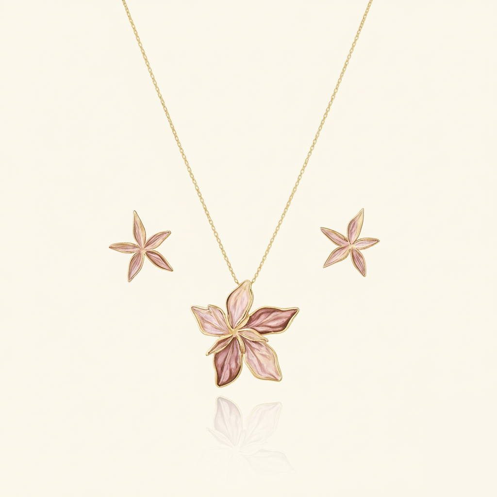 Aanura Pink Orchid Flower Necklace & Earrings