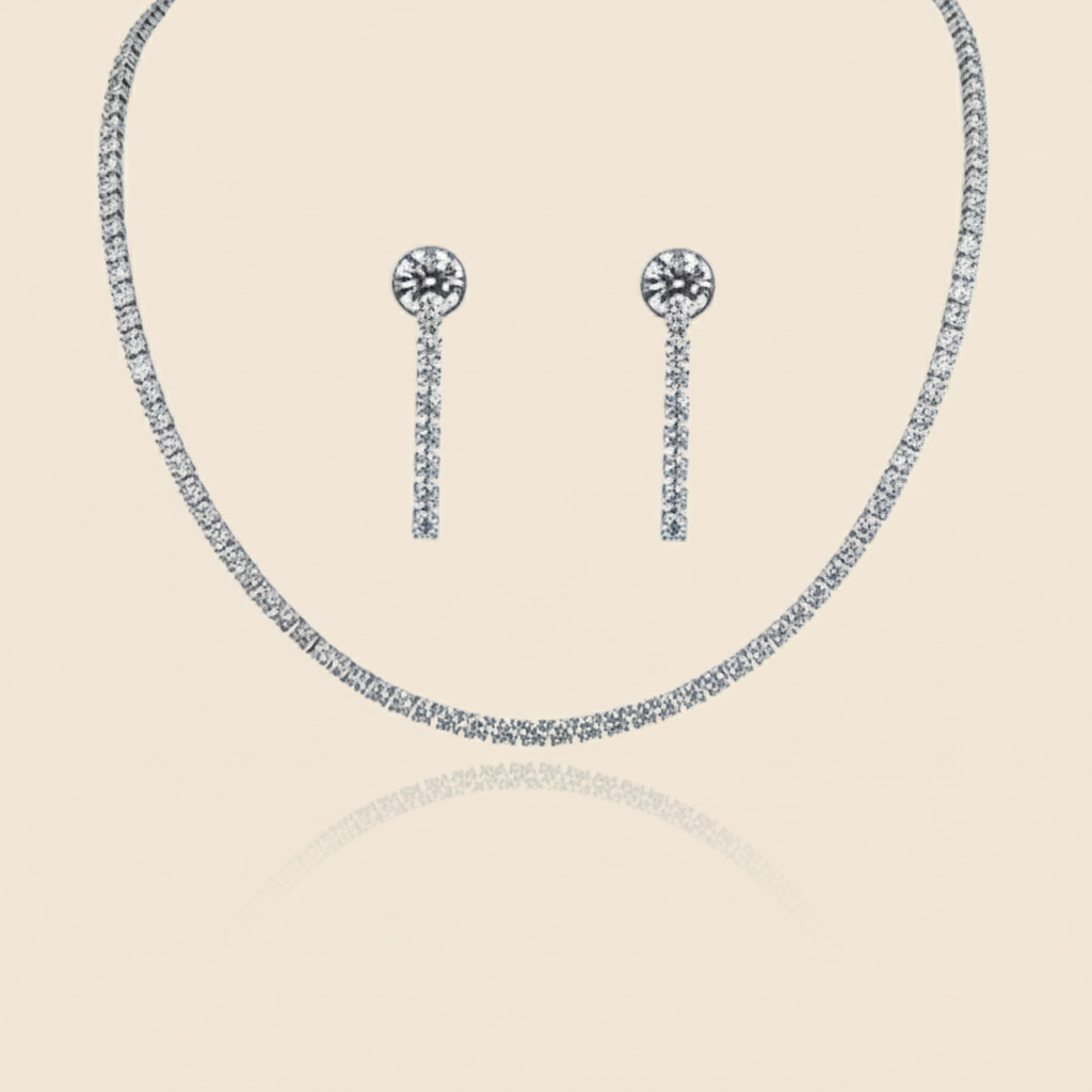 Aanura Diamond Tennis Necklace Set with Drop Earrings