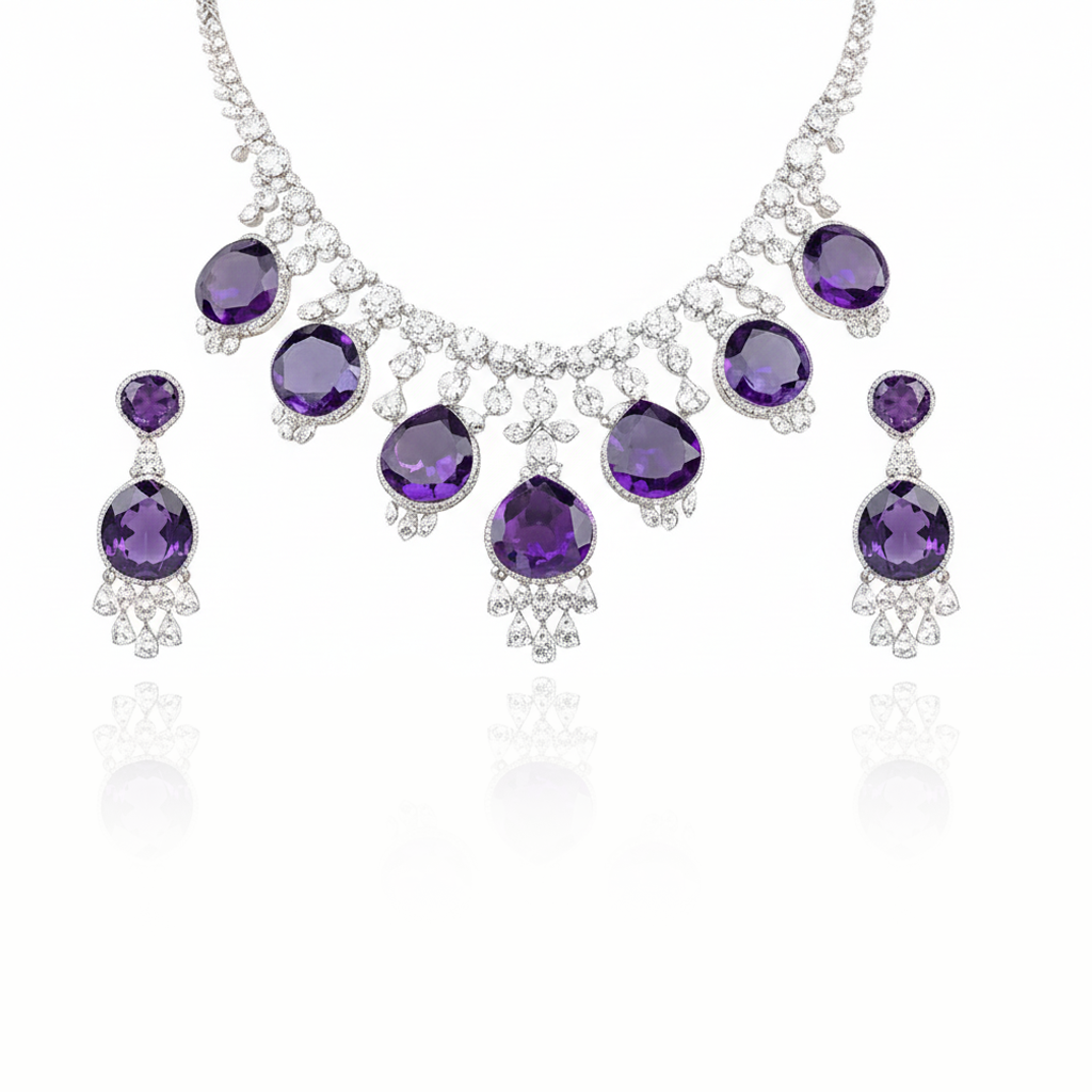 Aanura Royal Purple Crystal Drop Necklace Set Stainless