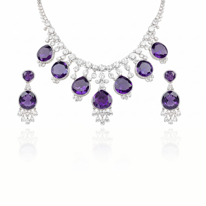 Aanura Royal Purple Crystal Drop Necklace Set Stainless