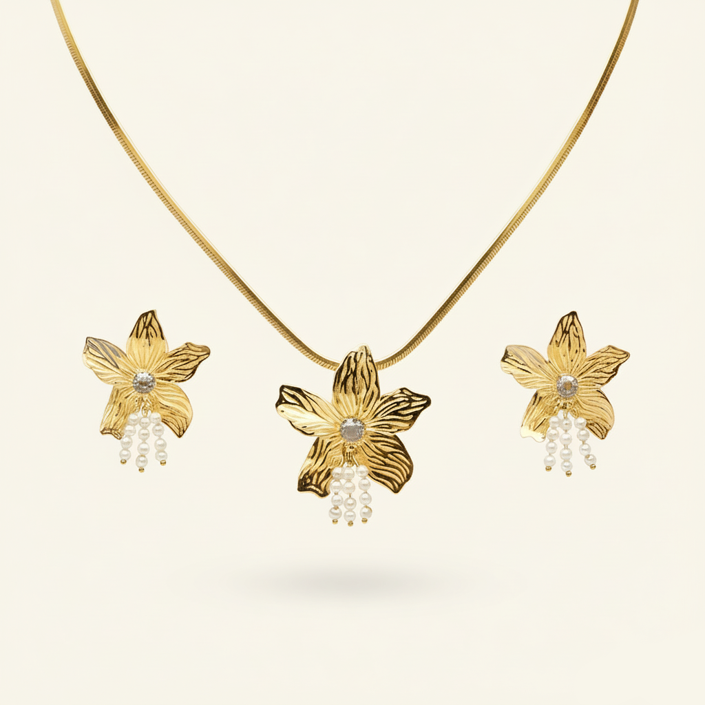 Aanura Orchid Gold Necklace & Earrings Set