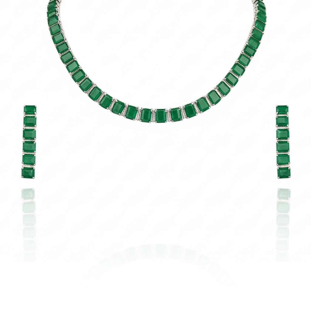 Aanura Green Emerald-Cut Necklace Set in Stainless Steel