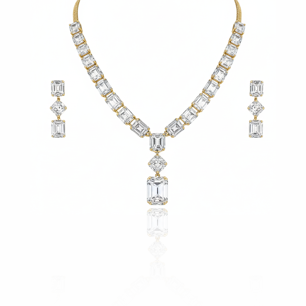 Aanura Emerald-Cut Diamond Necklace Set with Earrings