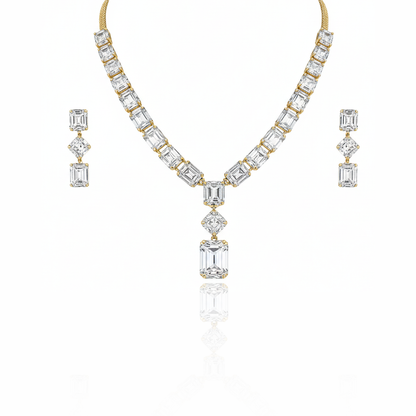 Aanura Emerald-Cut Diamond Necklace Set with Earrings
