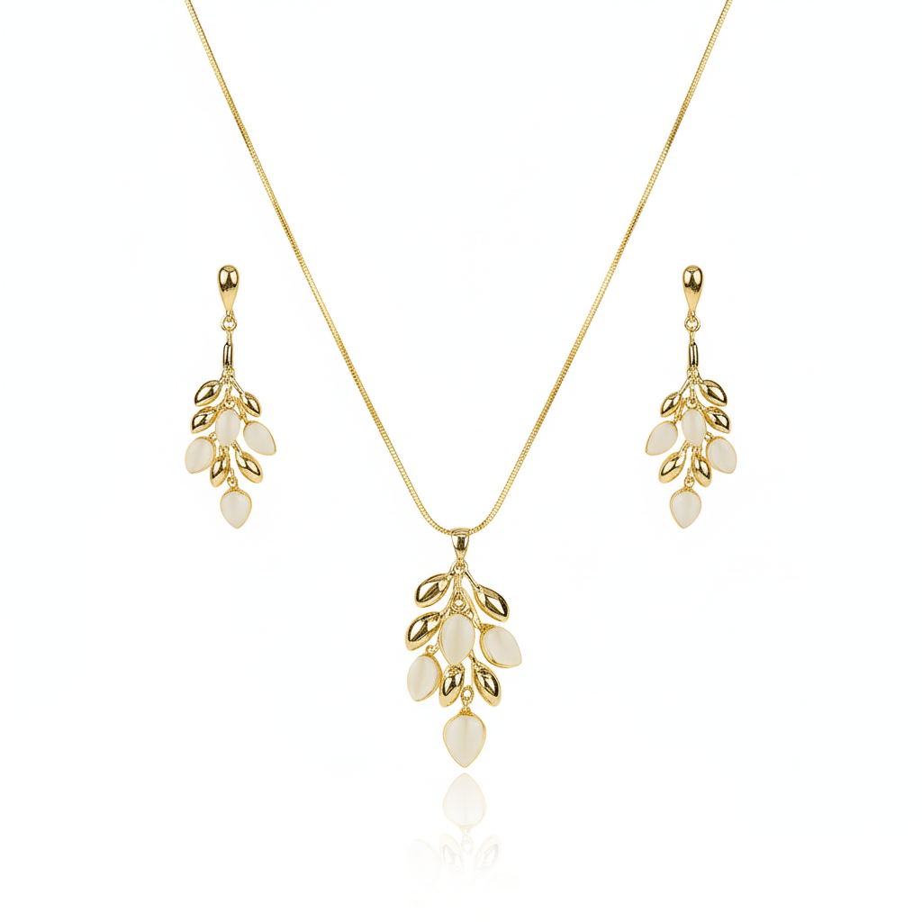 Aanura Golden Leaf Drop Necklace & Earrings Set