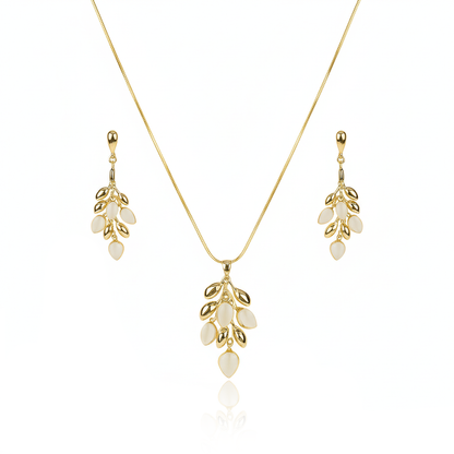 Aanura Golden Leaf Drop Necklace & Earrings Set