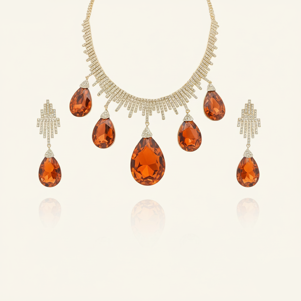 Aanura Orange Teardrop Crystal Necklace Set