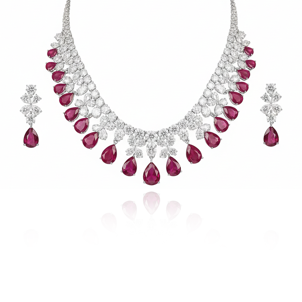 Aanura Ruby Teardrop Floral Necklace Set