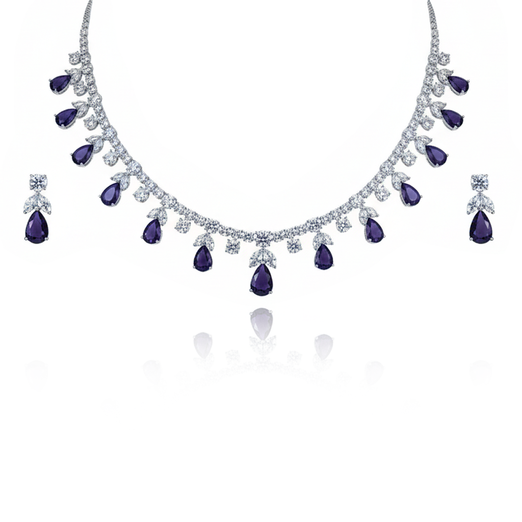 Aanura Purple Teardrop Crystal Necklace Set with Earrings