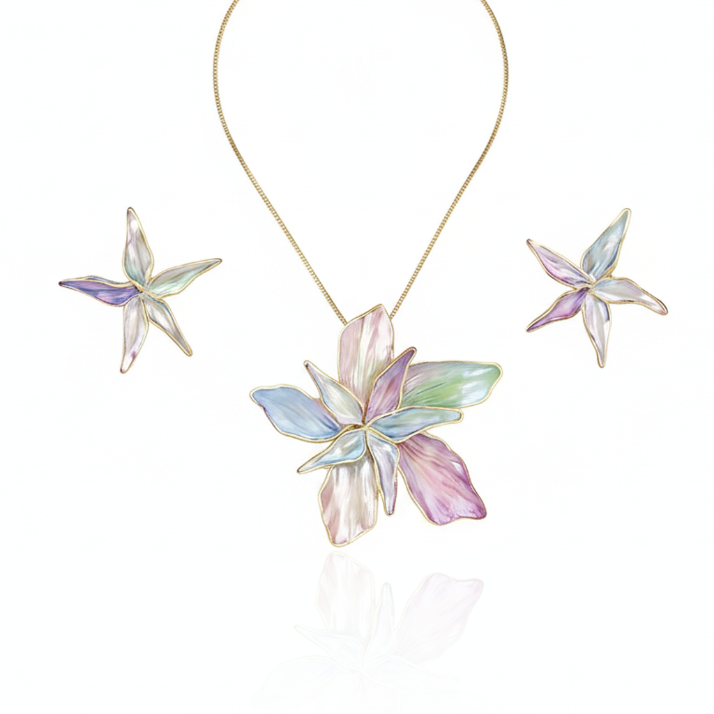 Aanura Pink Orchid Flower Necklace & Earrings