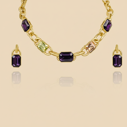 Aanura Gold Link Multicolor Crystal Necklace Set Stainless