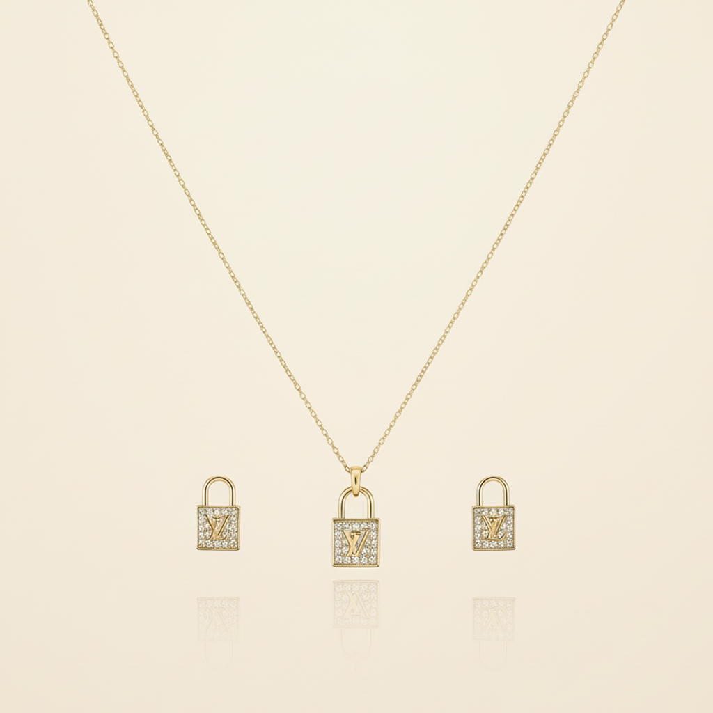 Golden Lock Pendant Necklace & Earrings Set