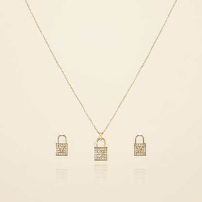 Golden Lock Pendant Necklace & Earrings Set