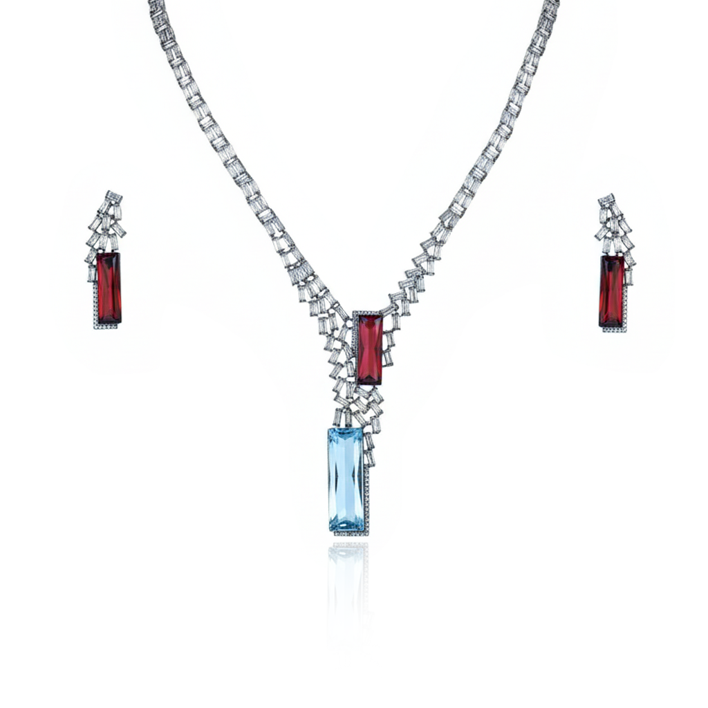 Aanura Red & Blue Stone Necklace Set