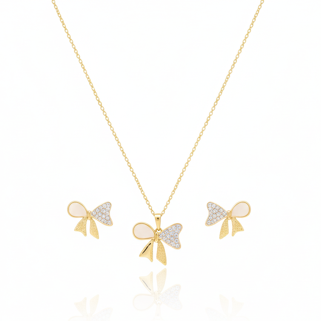 Golden Bow Pearl Necklace & Earrings Set