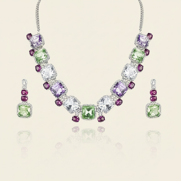 Aanura Multicolor Square Crystal Necklace Set Stainless