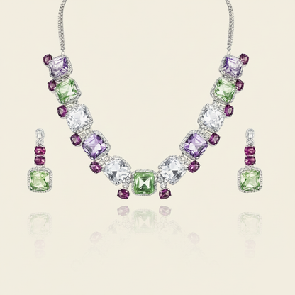 Aanura Multicolor Square Crystal Necklace Set Stainless