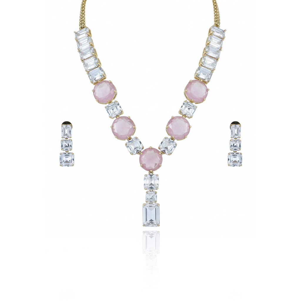 Aanura Pink Stone Diamond-Cut Necklace Set