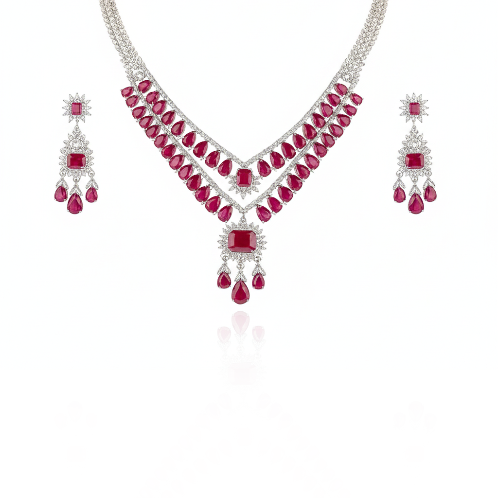 Aanura Ruby Red Bridal Necklace Set in Stainless Steel