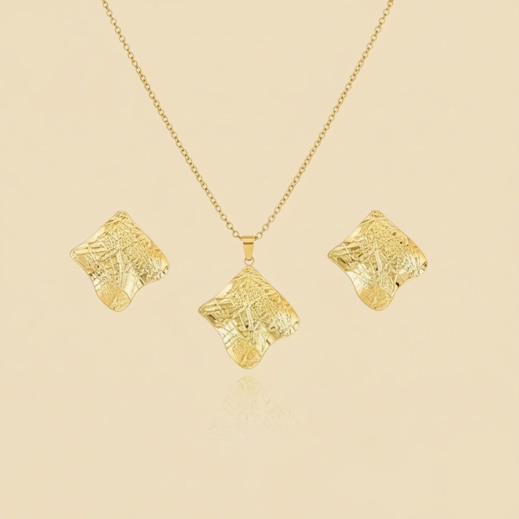 Aanura Golden Textured Wave Necklace & Earrings Set