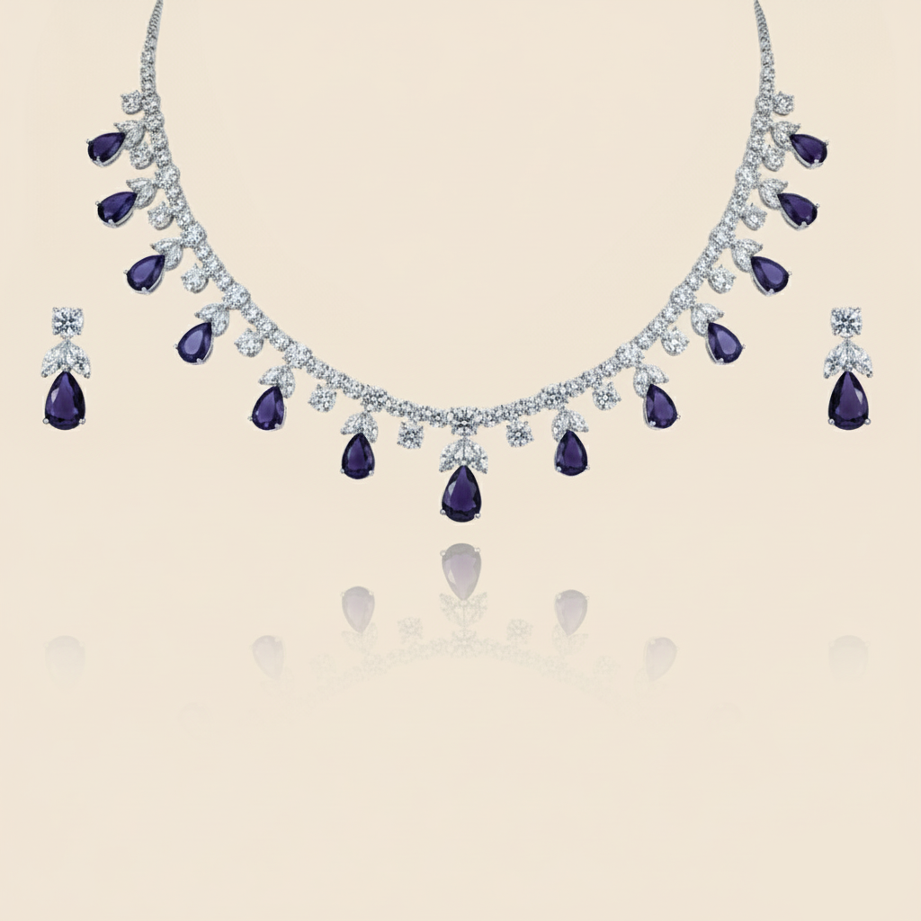 Aanura Purple Teardrop Crystal Necklace Set with Earrings