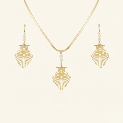 Aanura Golden Fan Pearl Necklace & Earrings Set