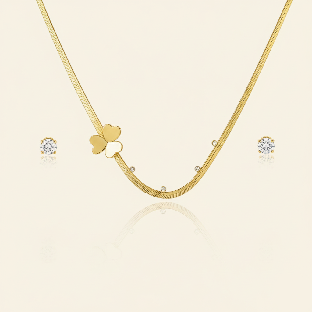 Aanura Golden Clover Necklace & Earrings Set