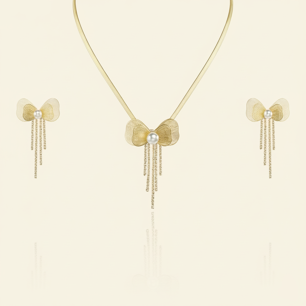 Aanura Golden Pearl Bow Necklace & Earrings Set