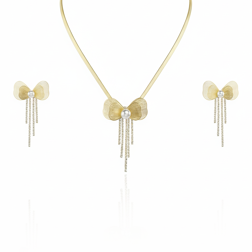 Aanura Golden Pearl Bow Necklace & Earrings Set