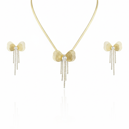 Aanura Golden Pearl Bow Necklace & Earrings Set
