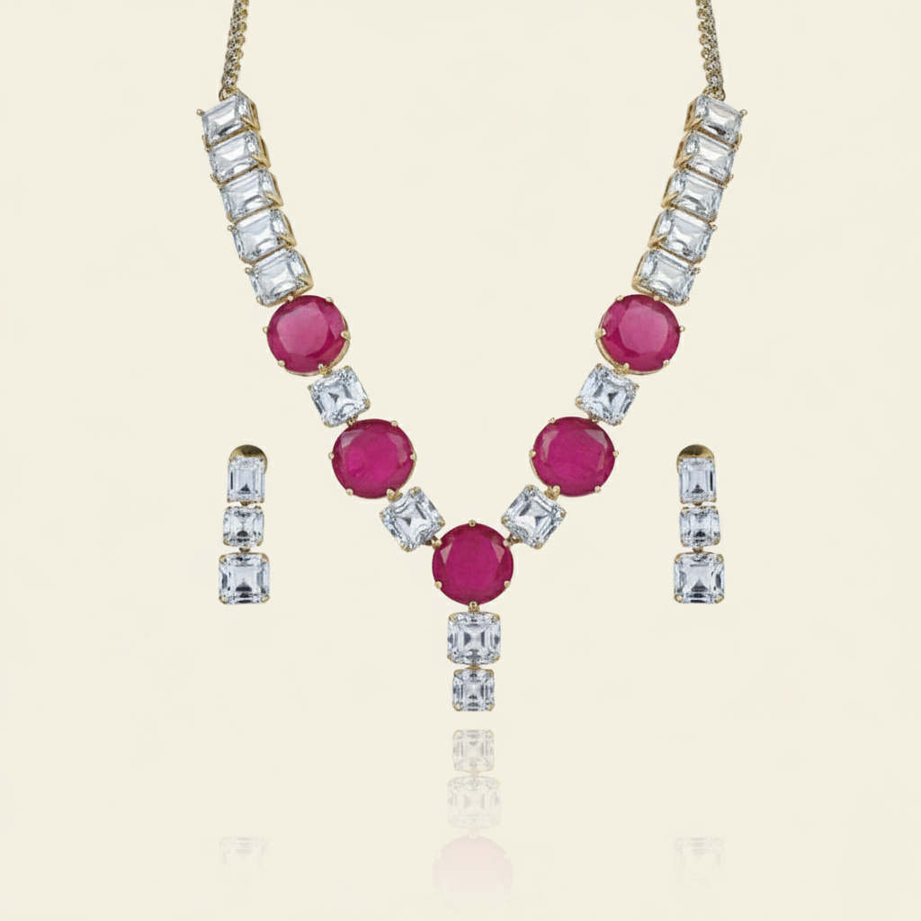 Aanura Pink Stone Diamond-Cut Necklace Set