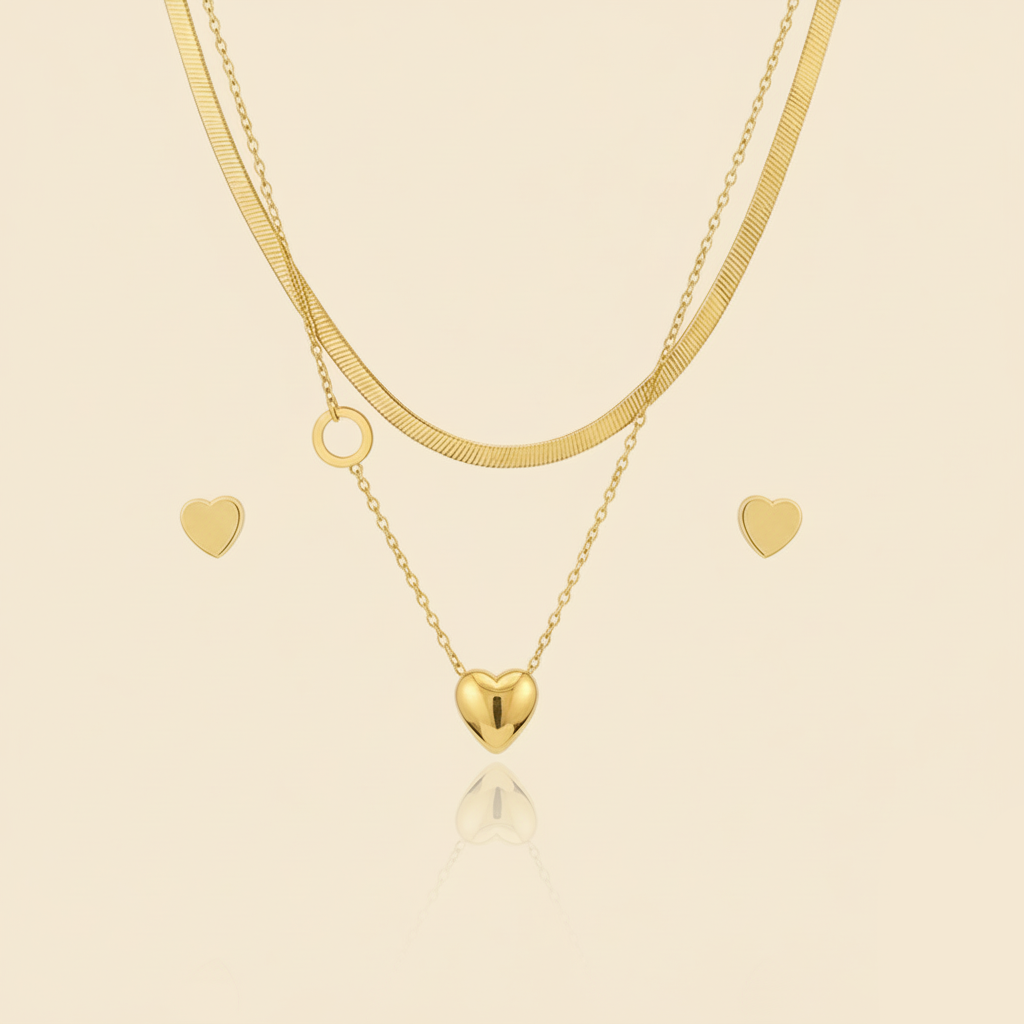 Aanura Golden Heart & Key Necklace & Earrings Set