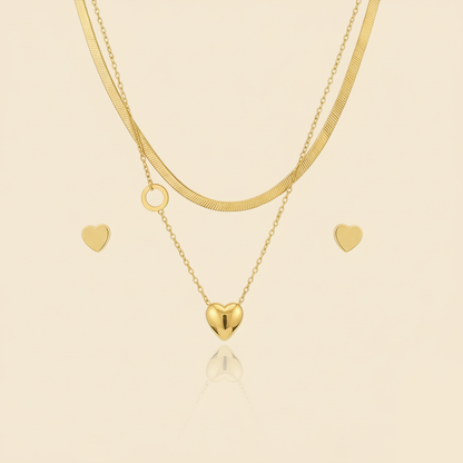 Aanura Golden Heart & Key Necklace & Earrings Set