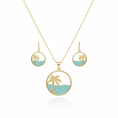 Aanura Palm Tree Ocean Necklace & Earrings Set